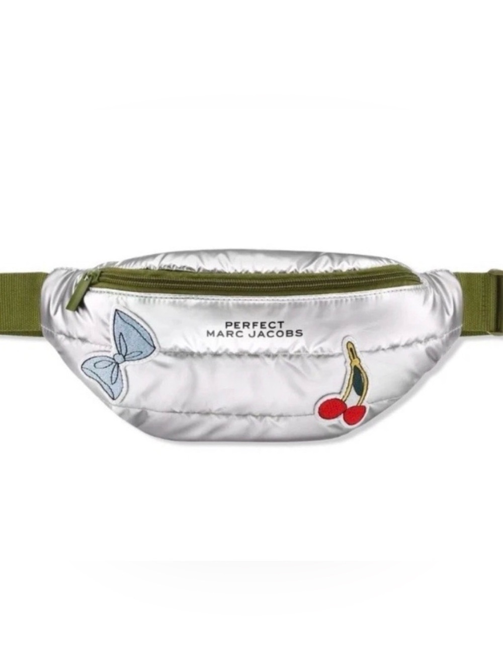 Marc Jacobs Limited Edition Metallic Silver Quilted Belt Bag Cherry Bow Patches